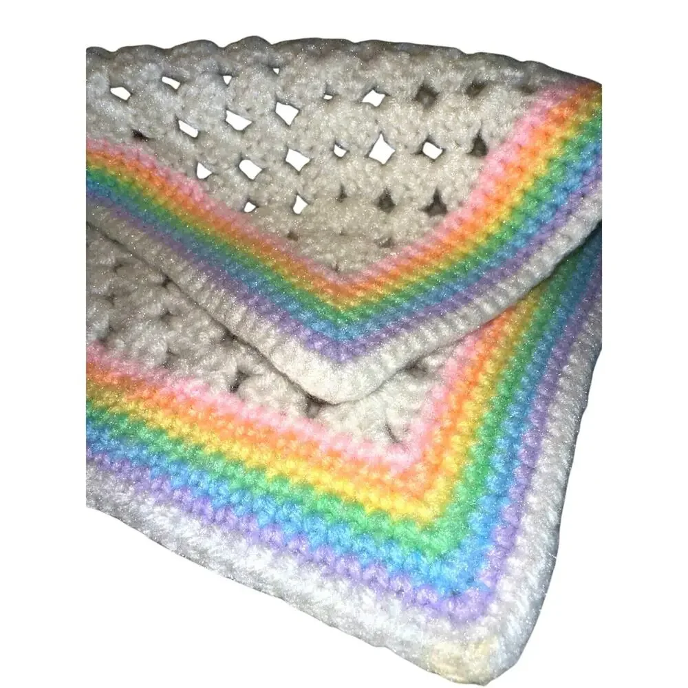 NEW Pastel Rainbow Crochet Knit Blanket 3 Feet 3' White Baby Boy Girl Square